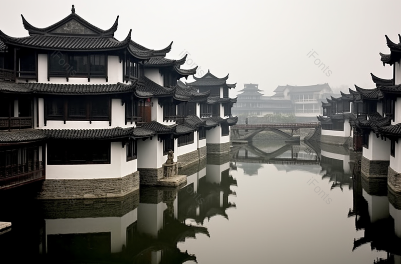 湖面上一排排的传统房屋建筑,高清,摄影图,摄影图片,图片大全,摄影图免费下载
